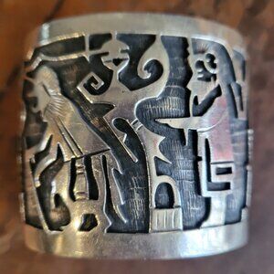 Vintage Hopi Sterling Overlay Cuff Bracelet,  W/Kachinas.  Hopi artist, KD